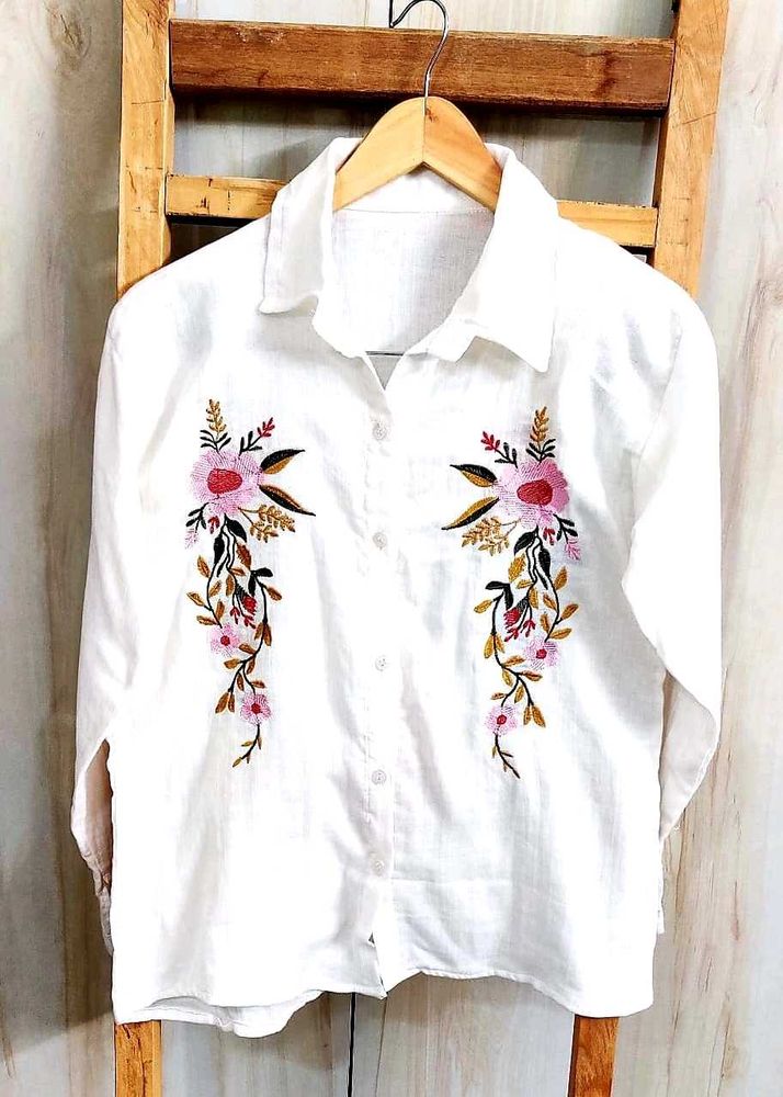 Floral Embroidered White Shirt Size-36-38