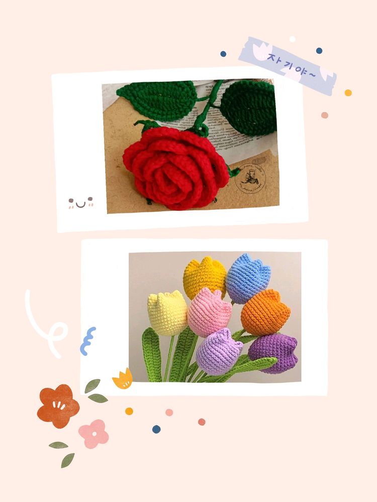 Crochet Red Rose &amp; Pink And Lavender Tulip