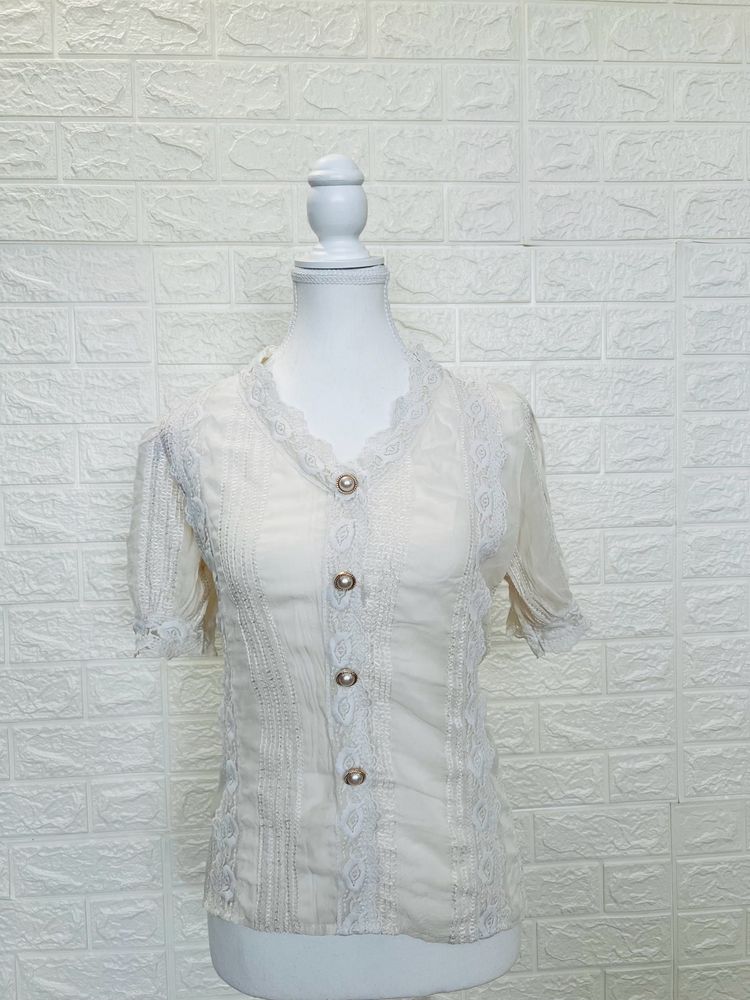 DAZY Swiss Dot Floral Embroidery Puff Sleeve Top