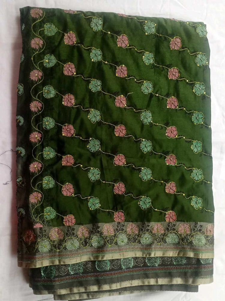 Green Saree With Embroidery Work
