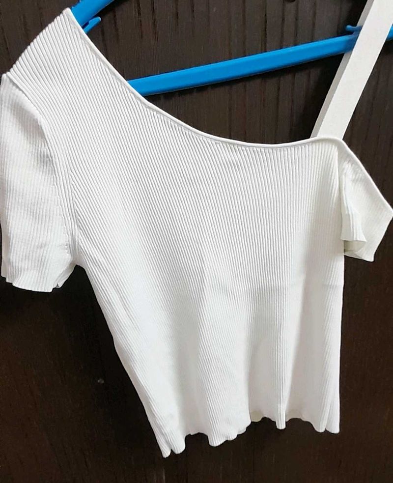 White Ribbed One-Shoulder Top