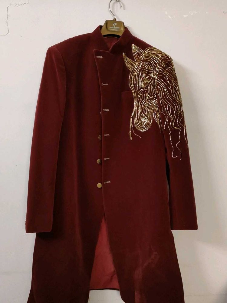 Maroon Embroidered Mens Sherwani