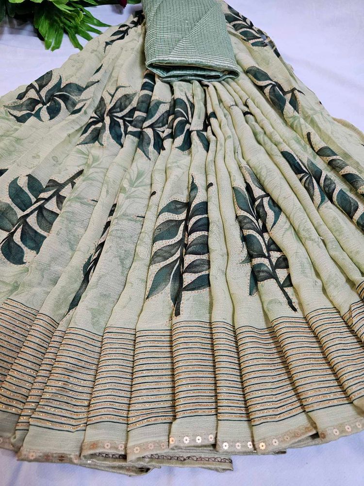 Elegant Green Colour Floral Print Saree with blous