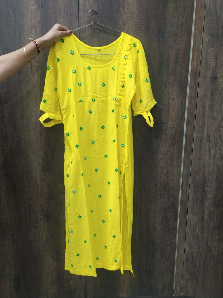 Yellow And Green Color Kurta Set Without Dupatta