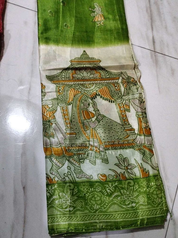 Vintage Style Green &amp; White Printed Silk Saree
