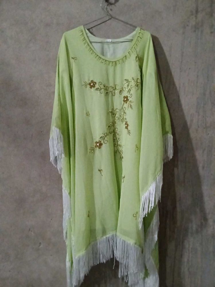 Lime Green Embellished Kaftan With Dupatta