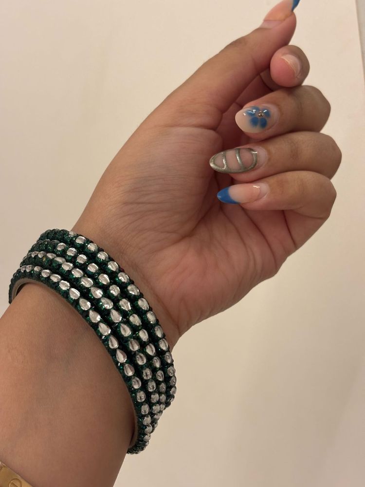 Green &amp; Silver Beaded Bangle Combo Of Two