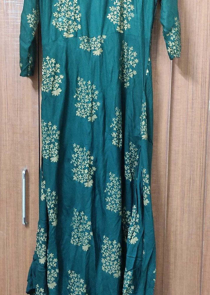 Emerald Green Golden Floral Print Anarkali Kurti