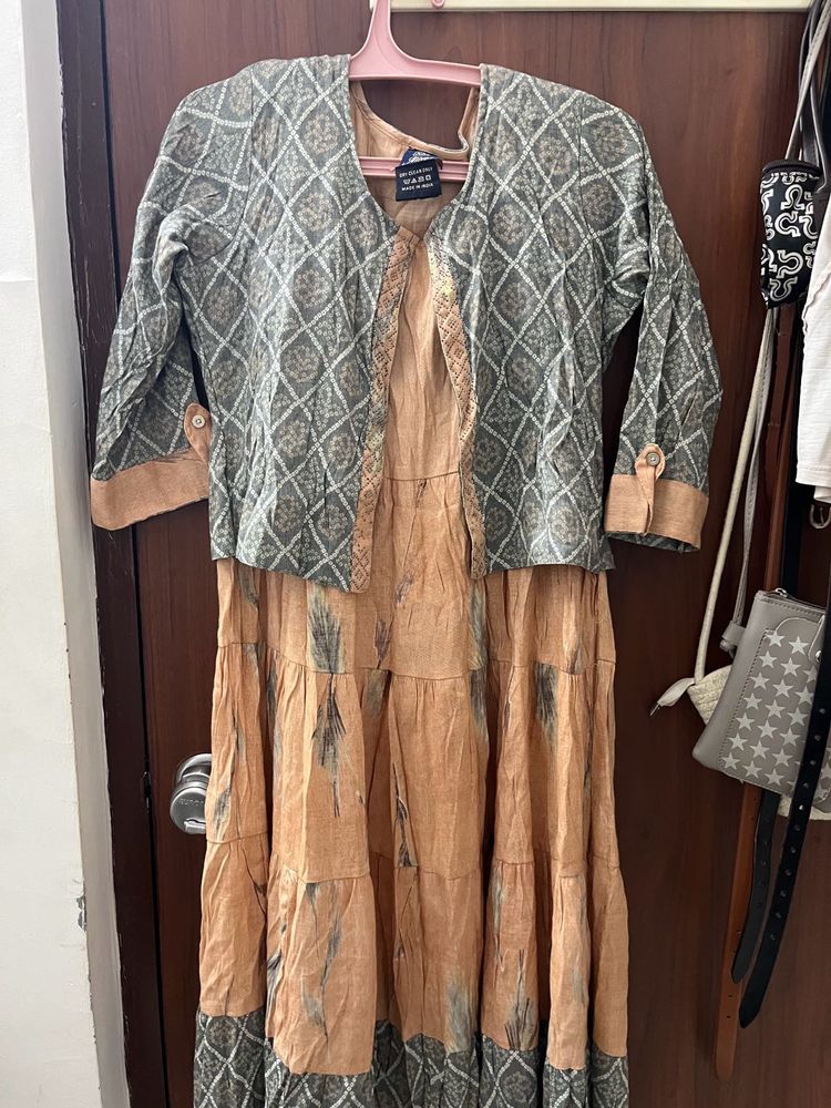 Elegant Peach &amp; Grey Ethnic Dress with Jacket