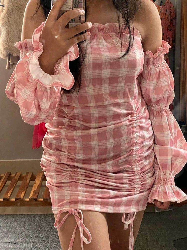 Pink Plaid Off-Shoulder Dress