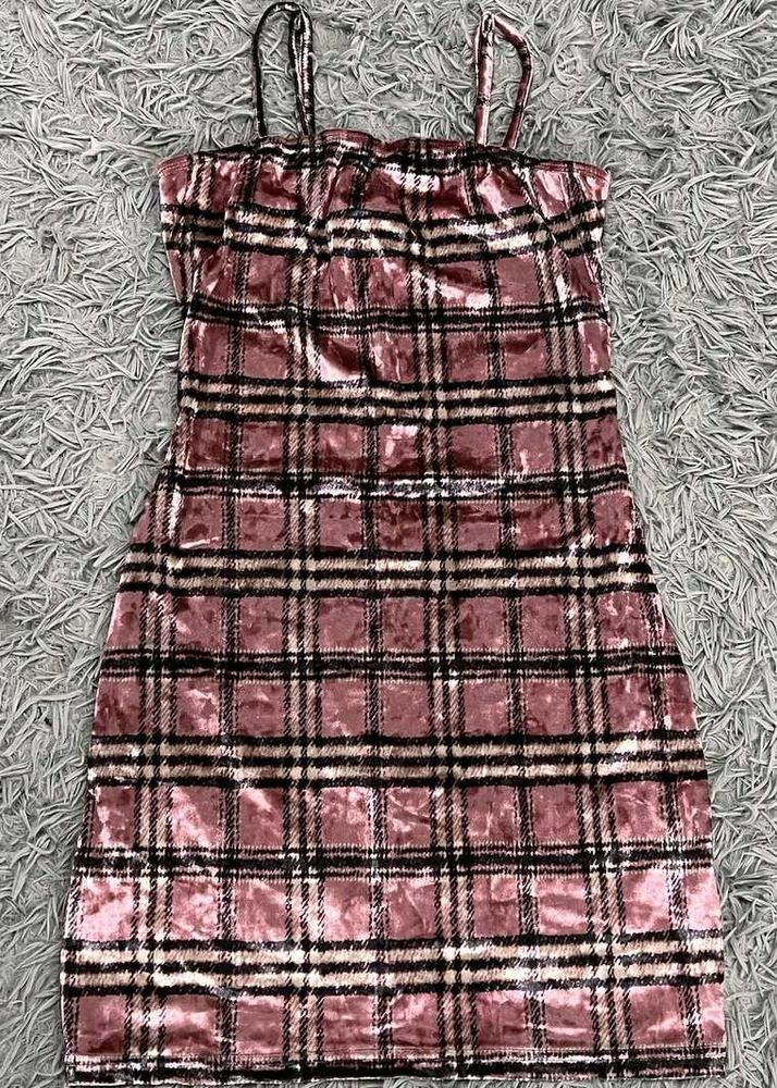Imported Pink Plaid Velvet Mini Dress