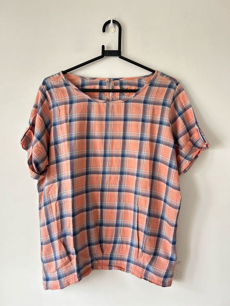Peach Cotton Casual Checkered Top