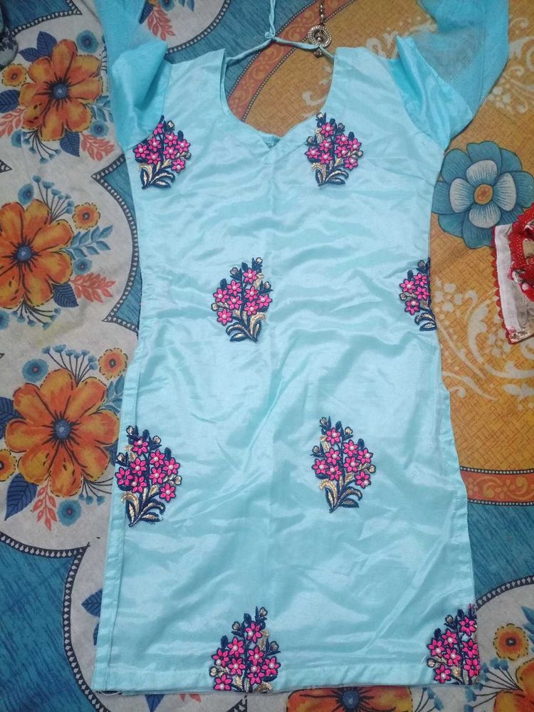 Light Blue Embroidered Kurti With Patiyala Salwar