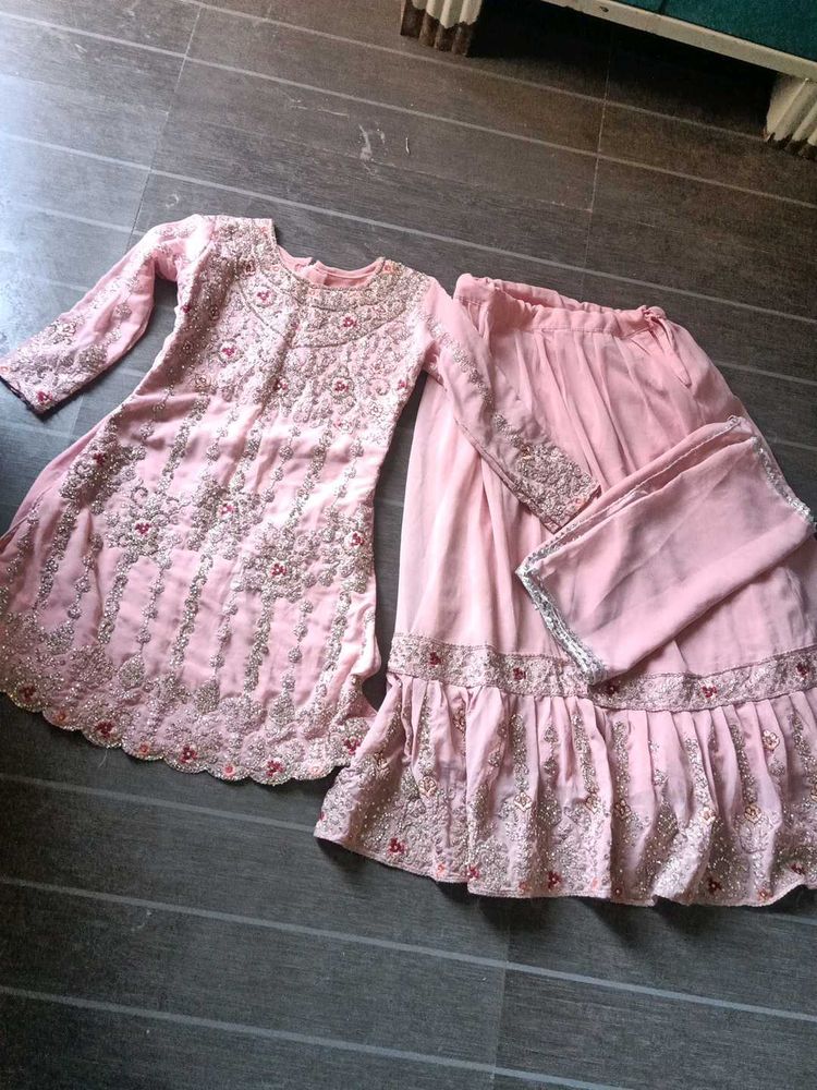 Pink Embroidered farshi garara hand Wark