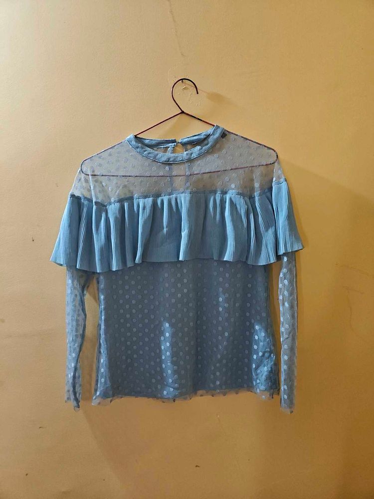 CODE by Lifestyle Blue Sheer Polka Dot Top