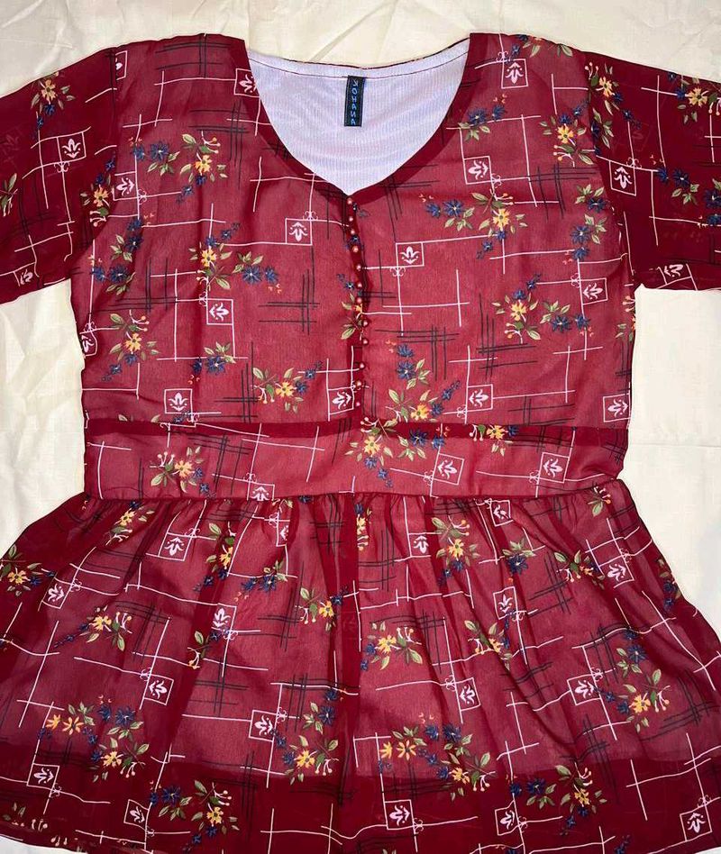 Floral Printed Red Top with Button Detailing
