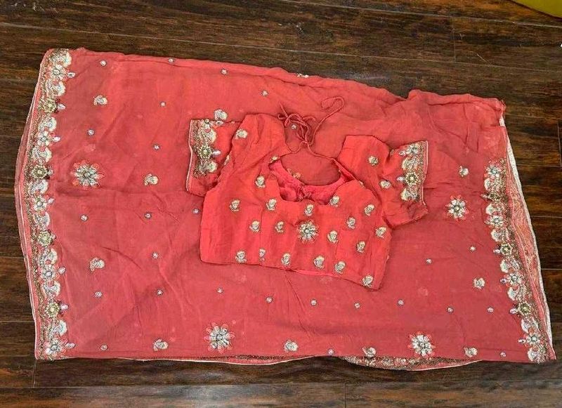 Coral Embellished Saree with Blouse