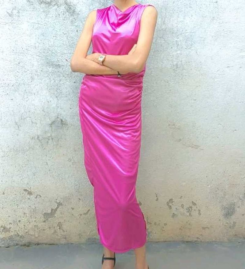 Elegant Pink Satin Midi Dress