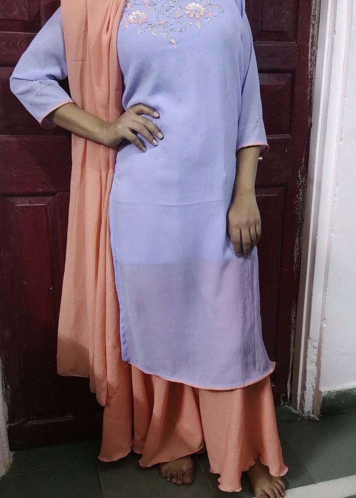 Purple Kurta With Peach Umbrella Plazo And Dupatta