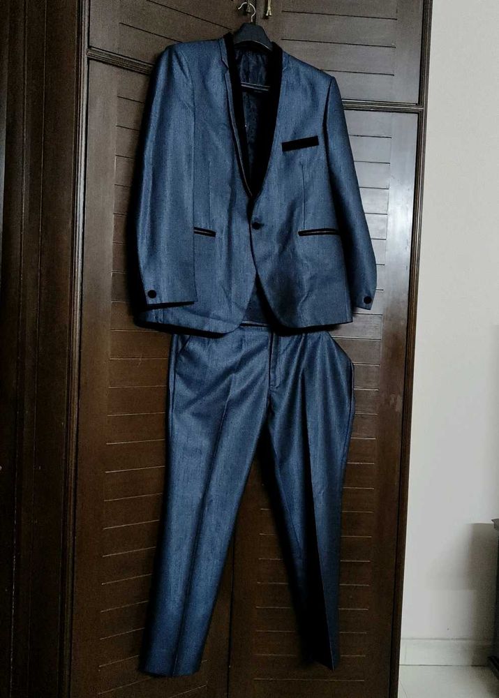 Partywear Men Shiny Stylish Blue Suit Set