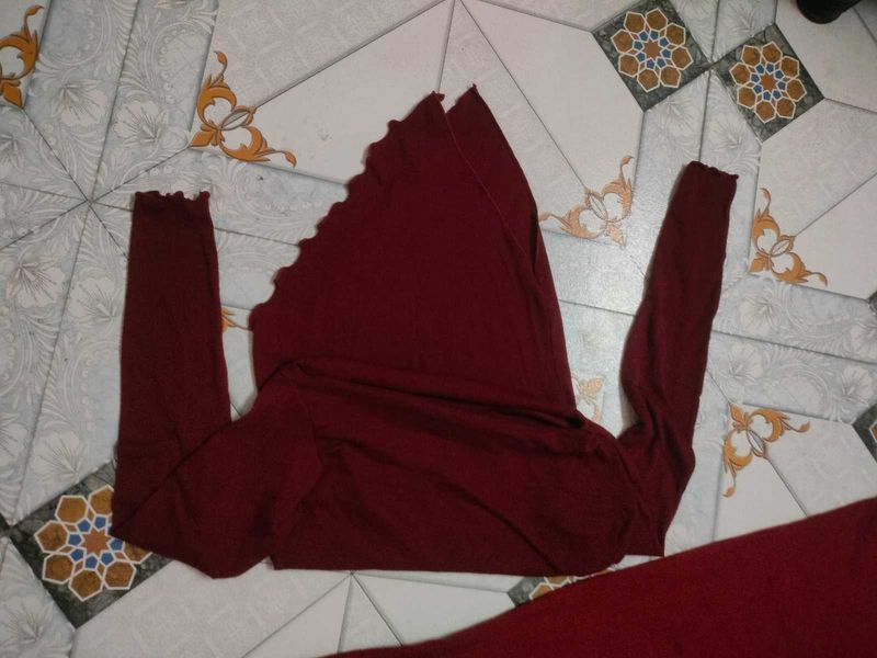 Burgundy Ruffle Neck Long Sleeve Combo