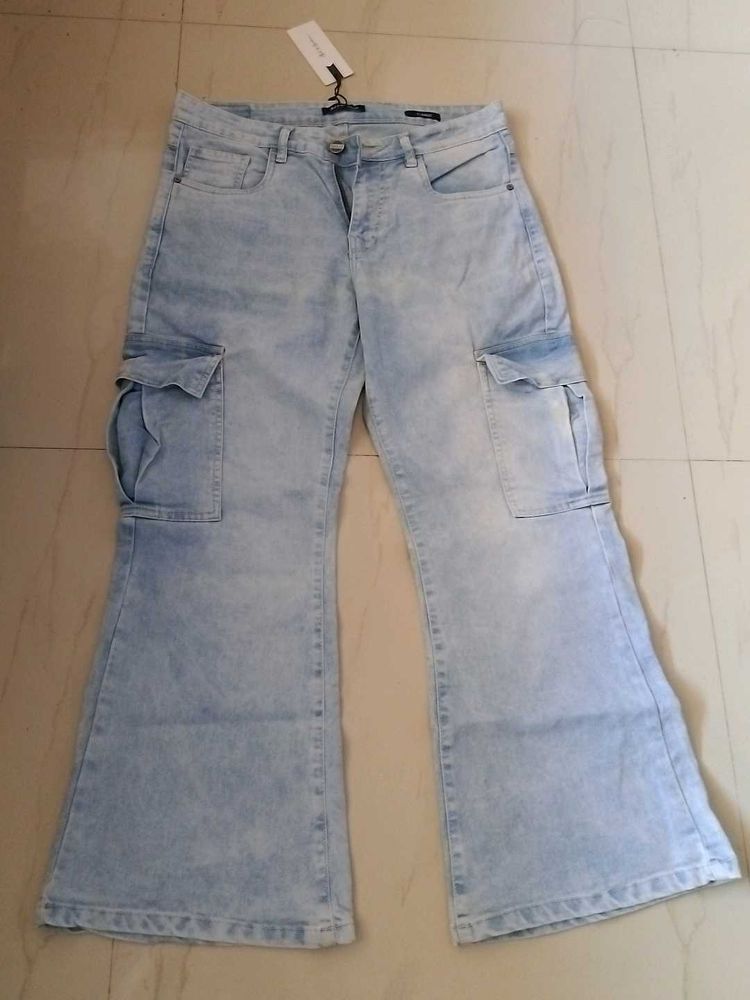 Light Wash Flare Cargo Jeans