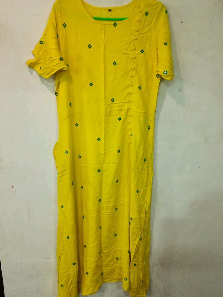 Yellow Green Thread Work Gown