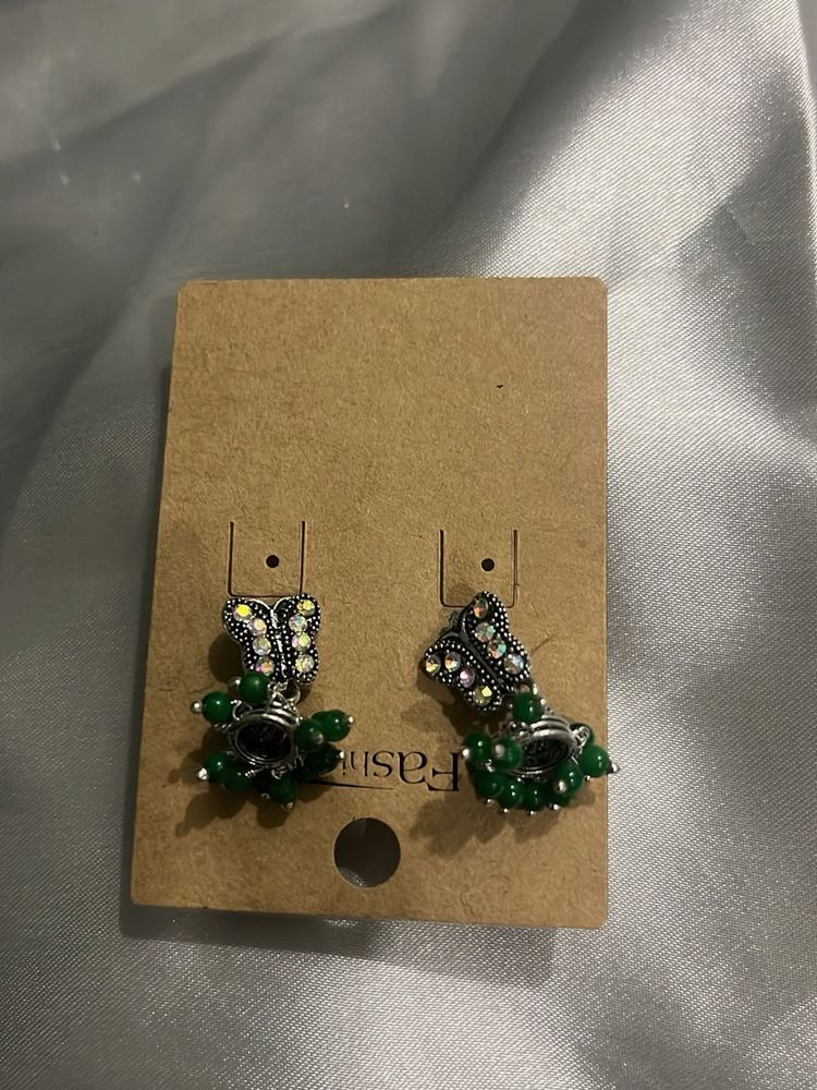 Butterfly &amp; Green Bead Dangle Earrings