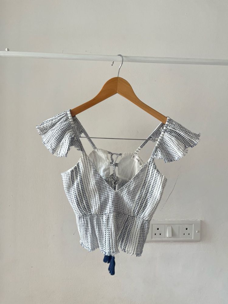 Mango off White Printed Top w Open Back Details