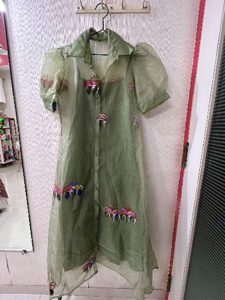 Green Embroidered Sheer Dress