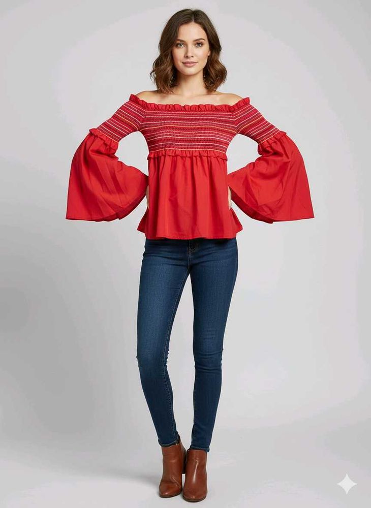 Red Off-Shoulder Bell Sleeve Top