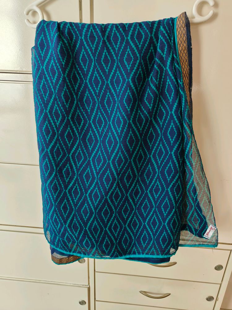 Dark Blue Saree, Two Designs On Each Half