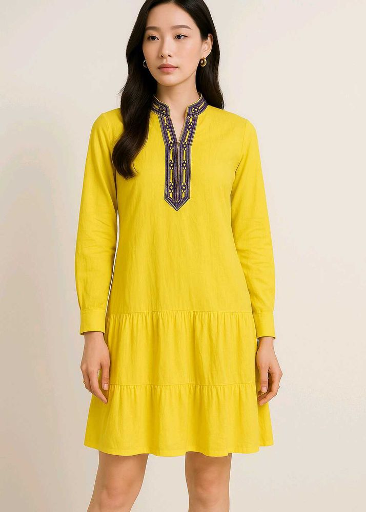 yellow embroidered flared tunic dress