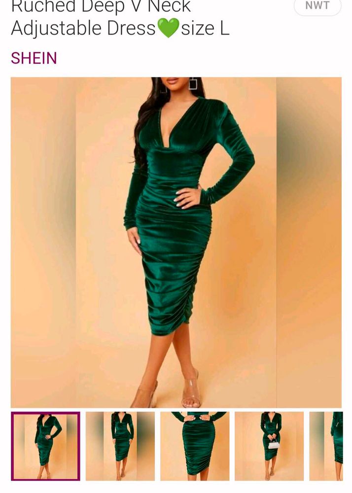 SHEIN Emerald Deep Green Velvet Ruched Dress