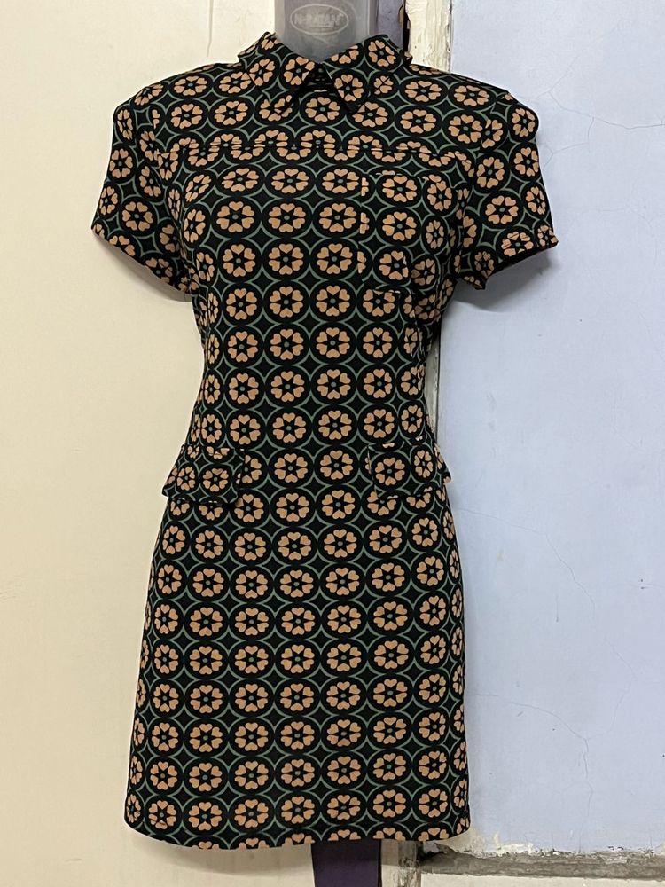 Korean High Neck Patterned Mini Dress