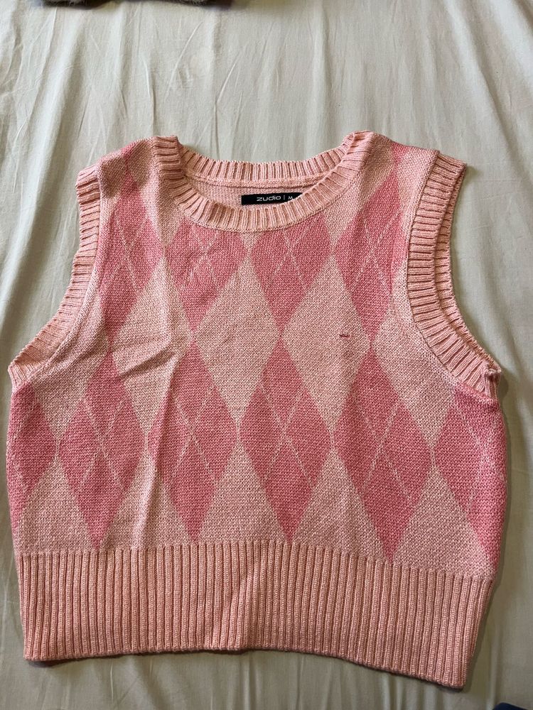 Trendy Pink Knitted Sleeveless Sweater Vest