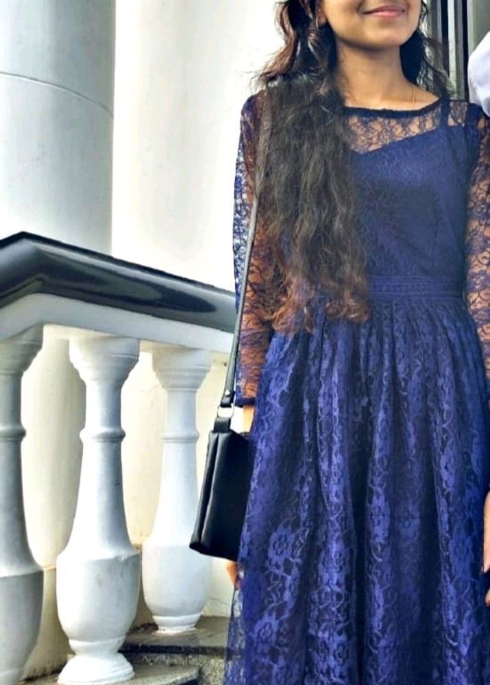 Blue Net Fabric Frock For Women