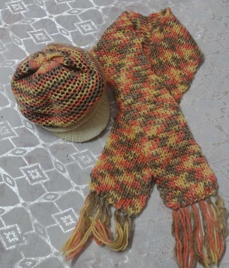 Knitted Beret Hat and Scarf Set