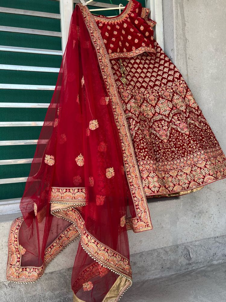 Red Velvet Embroidered Lehenga Choli