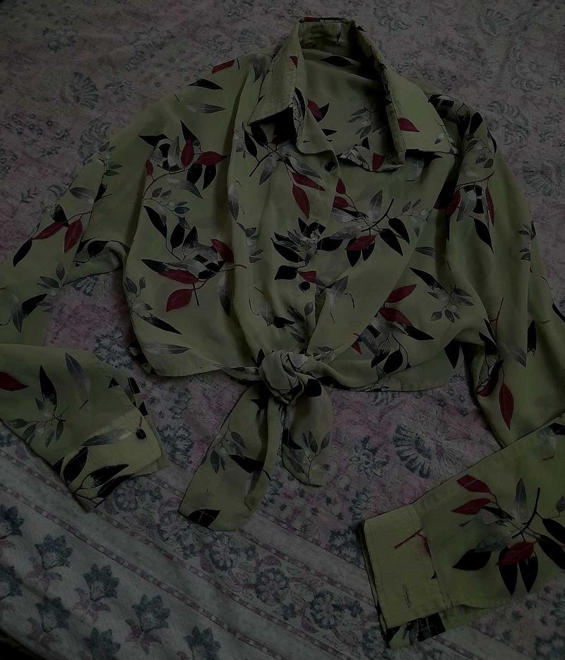 Olive CROP  Tie Shirt