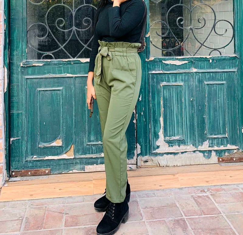 Olive Green Cigarette Trousers With Fabric Belt