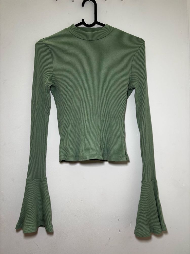 High Neck Ribbed Top With Bell Sleeves