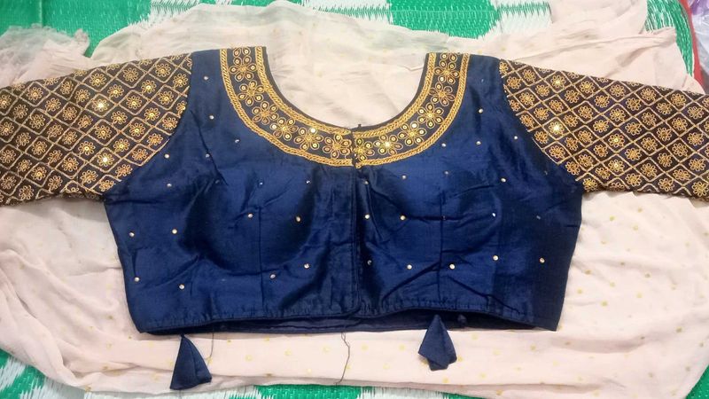 Embroidered Navy Blue Sari Blouse