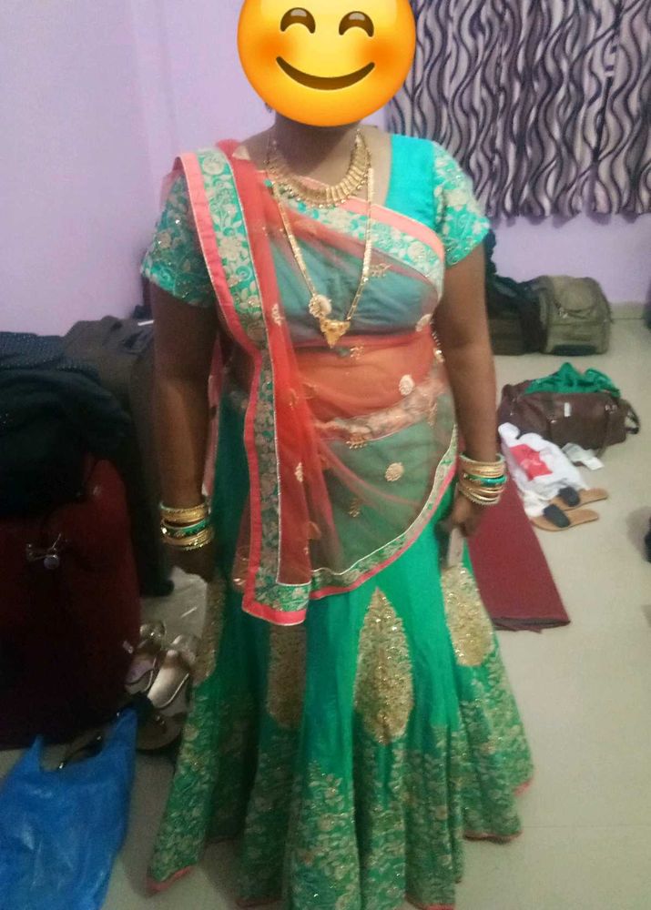 Green &amp; Gold Embroidered Lehenga