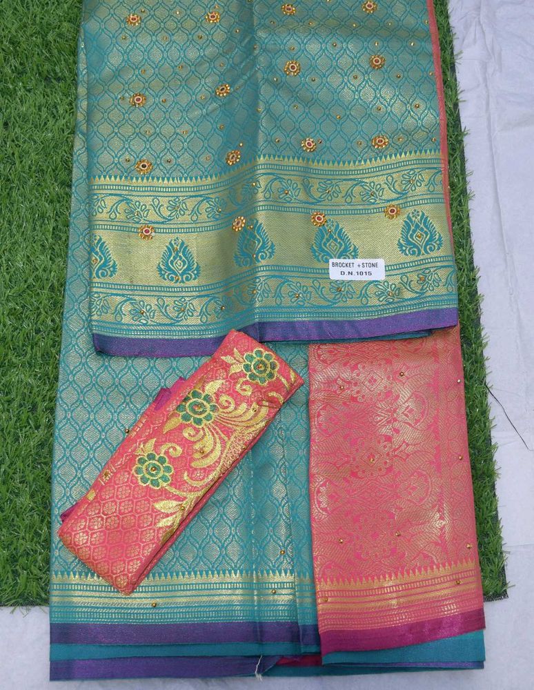 Beautiful Teal &amp; Pink Brocade Saree