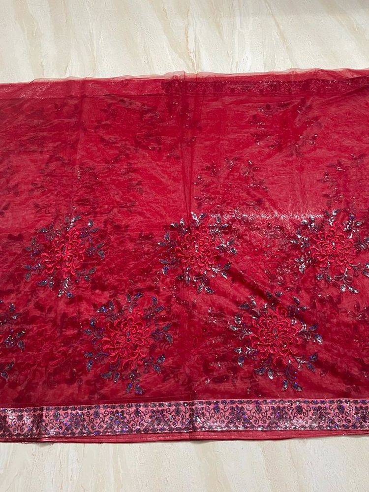Red Colour Netted Designer Saree Without Blouse