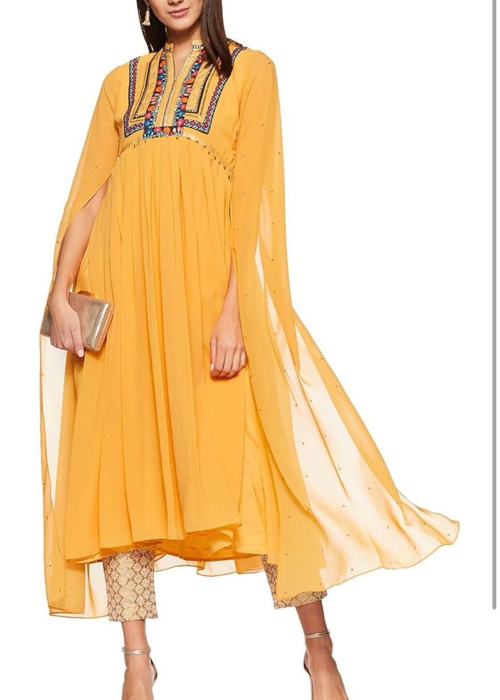 Mustard Embroidered Cape Dress
