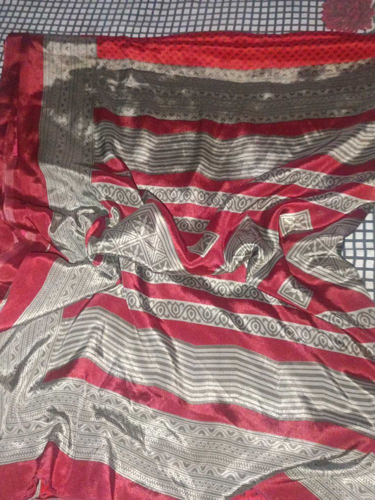 crape Red &amp; Grey Saree