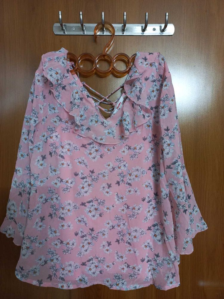 Beautiful Floral Pink Top With Bell Sleeves