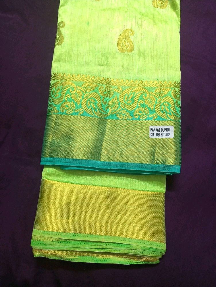 💥🆕️ Fluroscent Green Dupion Silk Saree